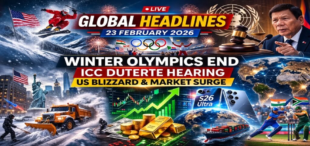 Global Headlines Today (23 February 2026): Winter Olympics Close, ICC Duterte Hearing Begins, Blizzard Slams US, Markets React