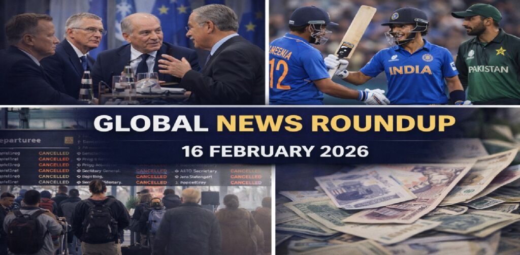 Global News Roundup — 16 February 2026: Security tensions, cricket drama, aviation protests, and media business battles dominate world headlines