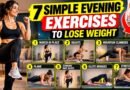Woman performing simple evening exercises at home, including squats, planks and stretching, as part of a beginner-friendly weight-loss workout.