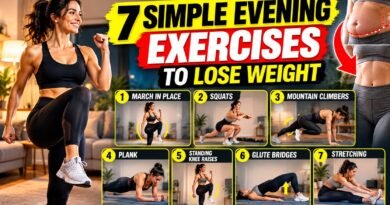 Woman performing simple evening exercises at home, including squats, planks and stretching, as part of a beginner-friendly weight-loss workout.