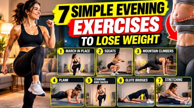 Woman performing simple evening exercises at home, including squats, planks and stretching, as part of a beginner-friendly weight-loss workout.