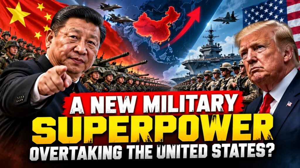 US vs China military power in 2026: AI-generated illustration featuring Donald Trump, Xi Jinping, fighter jets, warships and troops, highlighting the growing military rivalry between the United States and China.