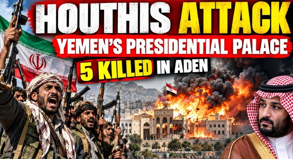 Illustrative news thumbnail depicting a reported Houthi attack on Yemen’s Al-Maashiq Presidential Palace in Aden, with explosions, armed fighters and Saudi Arabia’s Crown Prince Mohammed bin Salman.