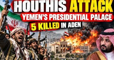 Illustrative news thumbnail depicting a reported Houthi attack on Yemen’s Al-Maashiq Presidential Palace in Aden, with explosions, armed fighters and Saudi Arabia’s Crown Prince Mohammed bin Salman.