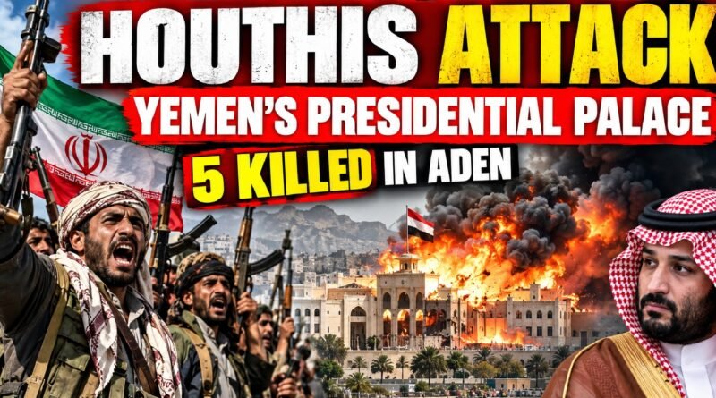 Illustrative news thumbnail depicting a reported Houthi attack on Yemen’s Al-Maashiq Presidential Palace in Aden, with explosions, armed fighters and Saudi Arabia’s Crown Prince Mohammed bin Salman.