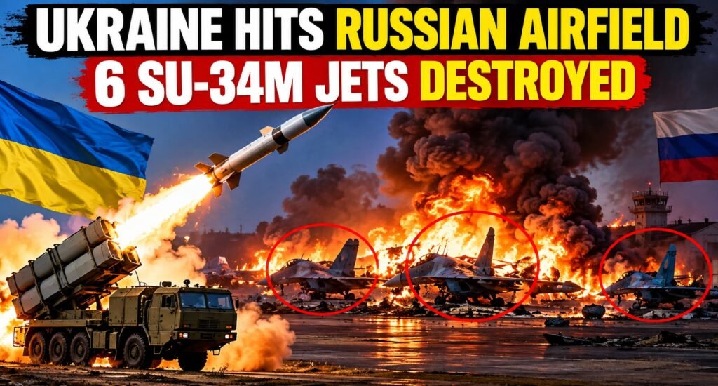 Ukraine claims six Russian Su-34M jets destroyed in a Neptune missile strike on Borisoglebsk airfield, illustrated with burning aircraft and explosions.