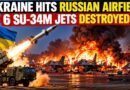 Ukraine claims six Russian Su-34M jets destroyed in a Neptune missile strike on Borisoglebsk airfield, illustrated with burning aircraft and explosions.