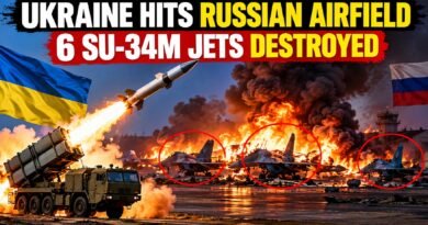 Ukraine claims six Russian Su-34M jets destroyed in a Neptune missile strike on Borisoglebsk airfield, illustrated with burning aircraft and explosions.