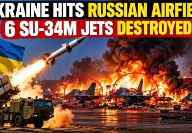 Ukraine claims six Russian Su-34M jets destroyed in a Neptune missile strike on Borisoglebsk airfield, illustrated with burning aircraft and explosions.