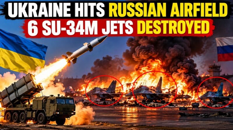 Ukraine claims six Russian Su-34M jets destroyed in a Neptune missile strike on Borisoglebsk airfield, illustrated with burning aircraft and explosions.